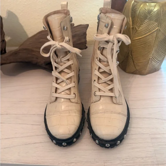 SCHUTZ Cream Croc-Embossed Combat Boots with stud detail - Picture 6 of 9